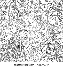 Tracery seamless pattern. Mehndi design. Ethnic monochrome binary doodle texture. Curved doodling black and white background. Vector