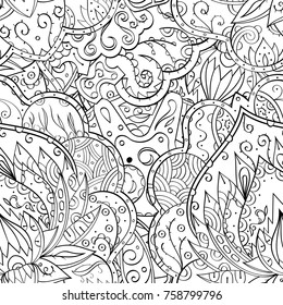 Tracery seamless pattern. Mehndi design. Ethnic monochrome binary doodle texture. Curved doodling black and white background. Vector