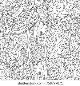 Tracery seamless pattern. Mehndi design. Ethnic monochrome binary doodle texture. Curved doodling black and white background. Vector