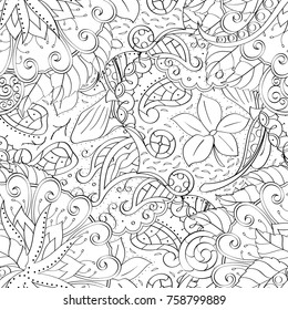 Tracery seamless pattern. Mehndi design. Ethnic monochrome binary doodle texture. Curved doodling black and white background. Vector
