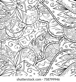 Tracery seamless pattern. Mehndi design. Ethnic monochrome binary doodle texture. Curved doodling black and white background. Vector