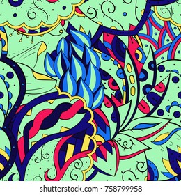 Tracery seamless pattern. Mehndi design. Ethnic colorful doodle texture. Curved doodling background. Vector