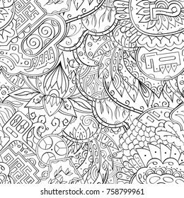 Tracery seamless pattern. Mehndi design. Ethnic monochrome binary doodle texture. Curved doodling black and white background. Vector