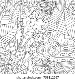 Tracery seamless pattern. Mehndi design. Ethnic monochrome binary doodle texture. Curved doodling black and white background. Vector