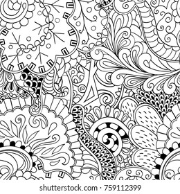 Tracery seamless pattern. Mehndi design. Ethnic monochrome binary doodle texture. Curved doodling black and white background. Vector