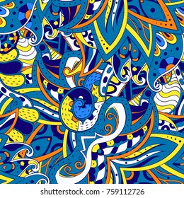 Tracery seamless pattern. Mehndi design. Ethnic colorful doodle texture. Curved doodling background. Vector