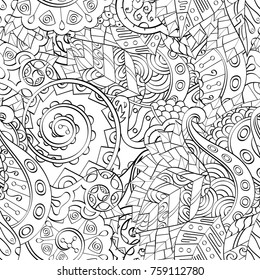 Tracery seamless pattern. Mehndi design. Ethnic monochrome binary doodle texture. Curved doodling black and white background. Vector