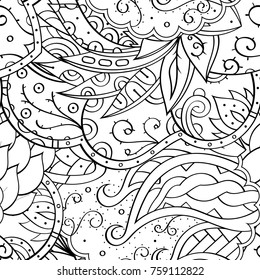 Tracery seamless pattern. Mehndi design. Ethnic monochrome binary doodle texture. Curved doodling black and white background. Vector