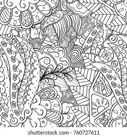 Tracery seamless pattern. Mehndi design. Ethnic monochrome binary doodle texture. Curved doodling black and white background. Vector