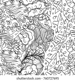 Tracery seamless pattern. Mehndi design. Ethnic monochrome binary doodle texture. Curved doodling black and white background. Vector