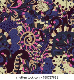 Tracery seamless pattern. Mehndi design. Ethnic colorful doodle texture. Curved doodling background. Vector