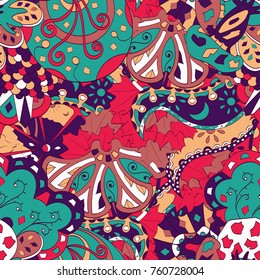 Tracery seamless pattern. Mehndi design. Ethnic colorful doodle texture. Curved doodling background. Vector