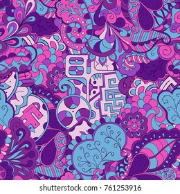 Tracery seamless pattern. Mehndi design. Ethnic colorful doodle texture. Curved doodling background. Vector