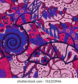 Tracery seamless pattern. Mehndi design. Ethnic colorful doodle texture. Curved doodling background. Vector