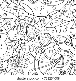 Tracery seamless pattern. Mehndi design. Ethnic monochrome binary doodle texture. Curved doodling black and white background. Vector