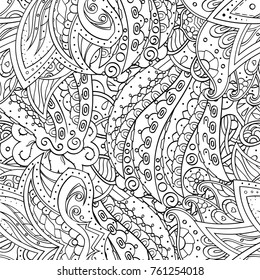 Tracery seamless pattern. Mehndi design. Ethnic monochrome binary doodle texture. Curved doodling black and white background. Vector