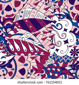 Tracery seamless pattern. Mehndi design. Ethnic colorful doodle texture. Curved doodling background. Vector
