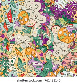 Tracery seamless pattern. Mehndi design. Ethnic colorful doodle texture. Curved doodling background. Vector