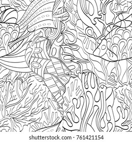 Tracery seamless pattern. Mehndi design. Ethnic monochrome binary doodle texture. Curved doodling black and white background. Vector