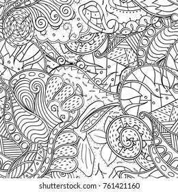 Tracery seamless pattern. Mehndi design. Ethnic monochrome binary doodle texture. Curved doodling black and white background. Vector