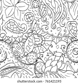 Tracery seamless pattern. Mehndi design. Ethnic monochrome binary doodle texture. Curved doodling black and white background. Vector