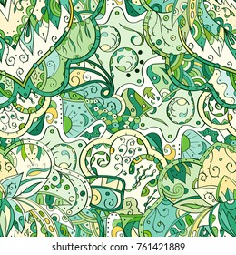 Tracery seamless pattern. Mehndi design. Ethnic colorful doodle texture. Curved doodling background. Vector