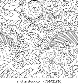 Tracery seamless pattern. Mehndi design. Ethnic monochrome binary doodle texture. Curved doodling black and white background. Vector
