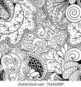 Tracery seamless pattern. Mehndi design. Ethnic monochrome binary doodle texture. Curved doodling black and white background. Vector