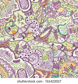 Tracery seamless pattern. Mehndi design. Ethnic colorful doodle texture. Curved doodling background. Vector