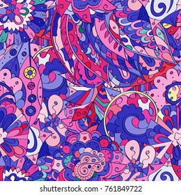 Tracery seamless pattern. Mehndi design. Ethnic colorful doodle texture. Curved doodling background. Vector