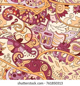 Tracery seamless pattern. Mehndi design. Ethnic colorful doodle texture. Curved doodling background. Vector