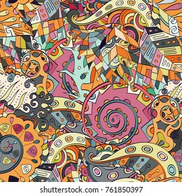 Tracery seamless pattern. Mehndi design. Ethnic colorful doodle texture. Curved doodling background. Vector