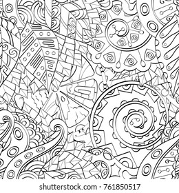 Tracery seamless pattern. Mehndi design. Ethnic monochrome binary doodle texture. Curved doodling black and white background. Vector