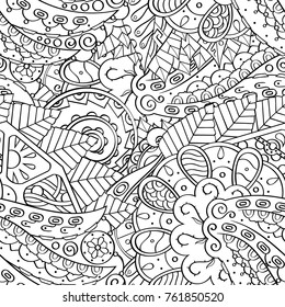 Tracery seamless pattern. Mehndi design. Ethnic monochrome binary doodle texture. Curved doodling black and white background. Vector