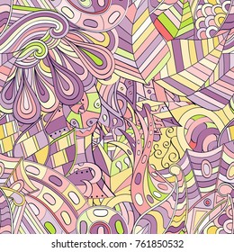 Tracery seamless pattern. Mehndi design. Ethnic colorful doodle texture. Curved doodling background. Vector