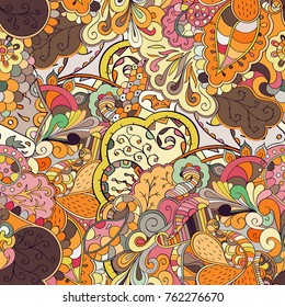 Tracery seamless pattern. Mehndi design. Ethnic colorful doodle texture. Curved doodling background. Vector