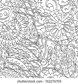 Tracery seamless pattern. Mehndi design. Ethnic monochrome binary doodle texture. Curved doodling black and white background. Vector