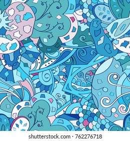 Tracery seamless pattern. Mehndi design. Ethnic colorful doodle texture. Curved doodling background. Vector