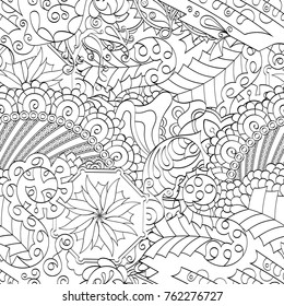 Tracery seamless pattern. Mehndi design. Ethnic monochrome binary doodle texture. Curved doodling black and white background. Vector