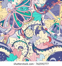 Tracery seamless pattern. Mehndi design. Ethnic colorful doodle texture. Curved doodling background. Vector