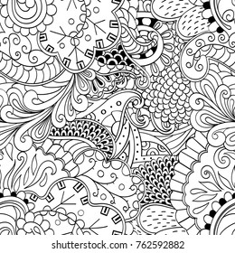 Tracery seamless pattern. Mehndi design. Ethnic monochrome binary doodle texture. Curved doodling black and white background. Vector