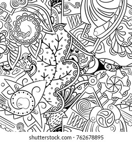 Tracery seamless pattern. Mehndi design. Ethnic monochrome binary doodle texture. Curved doodling black and white background. Vector