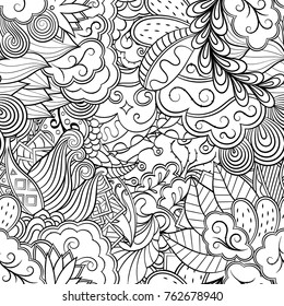 Tracery seamless pattern. Mehndi design. Ethnic monochrome binary doodle texture. Curved doodling black and white background. Vector