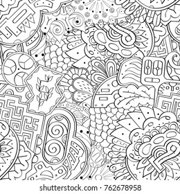 Tracery seamless pattern. Mehndi design. Ethnic monochrome binary doodle texture. Curved doodling black and white background. Vector