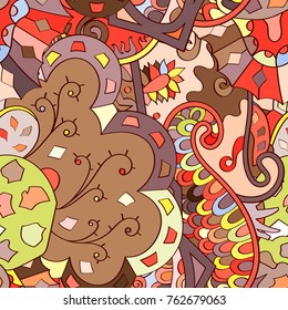 Tracery seamless pattern. Mehndi design. Ethnic colorful doodle texture. Curved doodling background. Vector