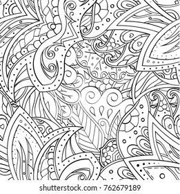 Tracery seamless pattern. Mehndi design. Ethnic monochrome binary doodle texture. Curved doodling black and white background. Vector