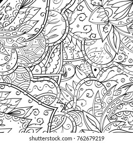 Tracery seamless pattern. Mehndi design. Ethnic monochrome binary doodle texture. Curved doodling black and white background. Vector