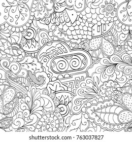 Tracery seamless pattern. Mehndi design. Ethnic monochrome binary doodle texture. Curved doodling black and white background. Vector