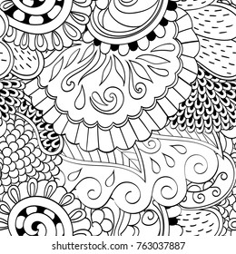 Tracery seamless pattern. Mehndi design. Ethnic monochrome binary doodle texture. Curved doodling black and white background. Vector