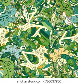 Tracery seamless pattern. Mehndi design. Ethnic colorful doodle texture. Curved doodling background. Vector